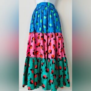 Kate Spade Color-block Apples & Leaves, 3-tiered Women's Maxi Skirt, Lined, Sz.4